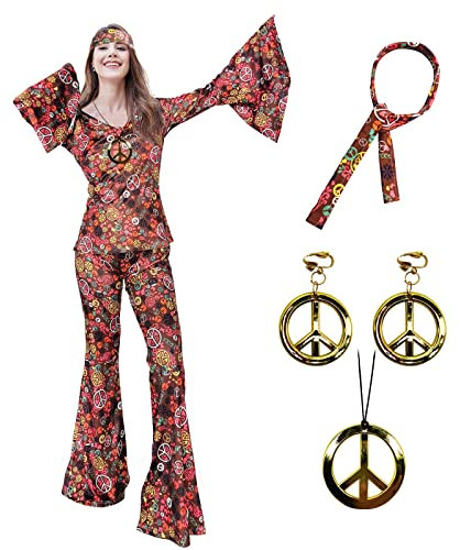 XonyiCos 6 Stück 70er Jahre Hippie Kostüme Zubehör für Damen Disco Outfit, 70er Jahre Mottoparty Kostüm, Halloween Boho Schlaghose (Braun, M)