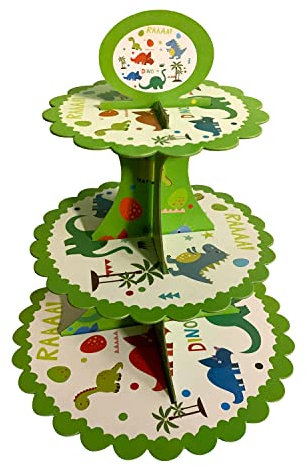 AEX 3 Tier Cake Stands for Afternoon Tea, Biodegradable Cupcake Stand Cardboard, Round Dessert Tower for Party, Birthday, Anniversary, Wedding (Green dinosaur)