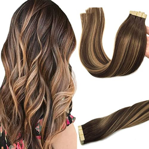 GOO GOO Tape in Extensions Echthaar, Tape Extensions Echthaar, 35cm 50g 20pcs, Extensions Echthaar, Haarverlängerung Echthaar, 4/27/4 Braun Blond