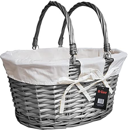 H-LINE Traditional Split Willow Shopping Basket with Folding Handles Vintage Storage Wicker Christmas Hamper (Grey, Oval)
