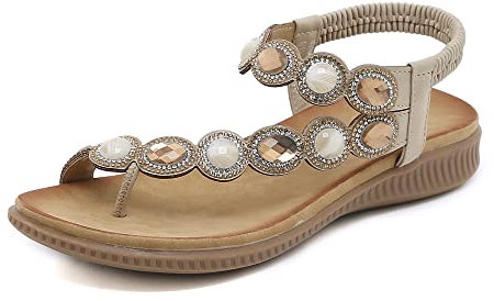 ZOEASHLEY Sandalen Damen Strass Flache Sandaletten Sommer Offene Zehe Zehentrenner Bohemian Flip Flops Beige28 39 EU