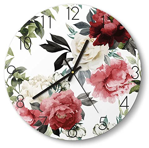 DEQORI Glasuhr | rund Ø 30 cm | Motiv Bunte Pfingstrosen | ausgefallene leise Design Uhr aus Glas | Wanduhr für Wohnzimmer & Küche | moderne Hingucker Uhr für die Wand