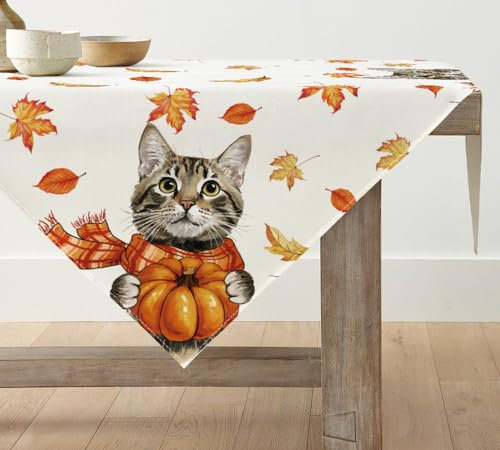 Artoid Mode Katze Ahornblätter Schal Kürbis Herbst Tischdecke, Saisonnal Tischwäsche Küche Tisch Dekoration Drinnen Urlaub Party Dekor 85x85 cm