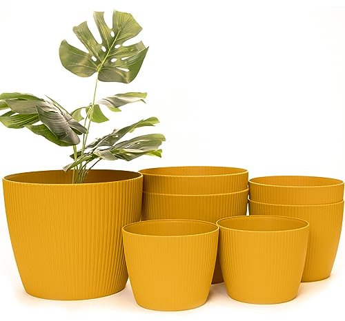 Home Garden Ornaments Plant Pots Indoor Set of 7 (14,14cm,16,16cm,18,18cm,22cm)-Indoor Plant Pot of Striped Decorative Flower Pot – (Colour Mustard)