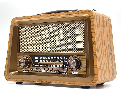 AM FM Radio, Shortwave Radio, Vintage Radio with Bluetooth and Portable Handle, Best Reception, Large Tuning Knob, Built-in Speakers and Loud Volume, Vintage Decor for Kitchen Bedroom Party