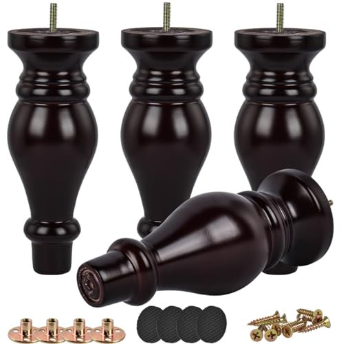 Btowin Möbelbeine aus Massivholz, 18 cm, 4 Stück, Mitte des Jahrhunderts, modern, Walnussholz, gedrehte Holzfüße mit Gewinde, M8-Aufhängerschrauben, Montageplatte und Schrauben für Sofa, Couch,