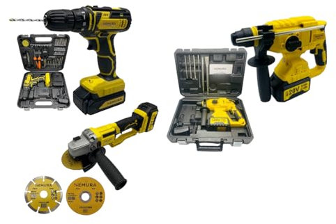 Nemura Pack 3 outils 20V -Perceuse, Perforateur, Meuleuse + 3 batteries + 2 mallettes de rangement + 3 Chargeurs - Marque française spécialisée dans les outils de jardinage et de bricolage