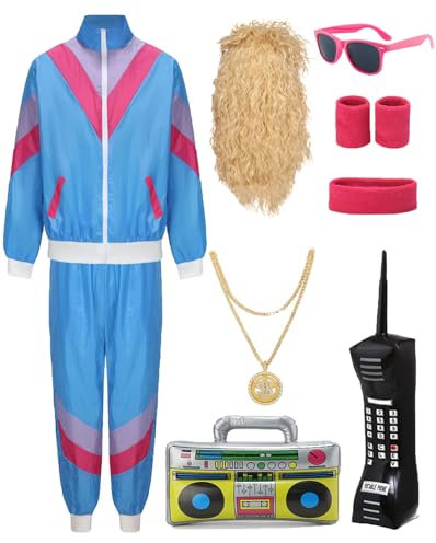 80er 90er Jahre Outfit Herren Damen Kostüm Jogginganzug Trainingsanzug Jacke und Hose Retro Anzug mit Accessoires Radio Sonnenbrille Halskette Schweißband für Karneval Fasching Mottoparty VL033M