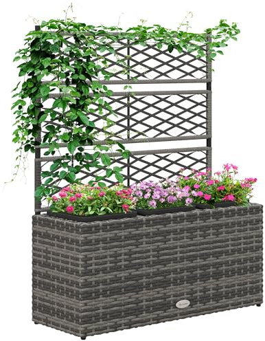 Outsunny Fioriera per Piante con Grigliato per Rampicanti, Aiuola Rialzata con 3 Vasi Interni, Struttura in Acciaio e Rattan PE, 84x30x107cm, Grigio