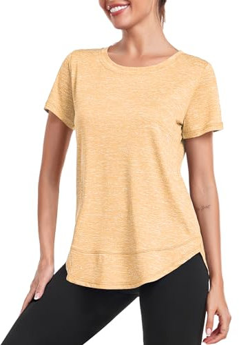 Deaviya Sport T-Shirt Damen, Kurzarmshirt Frauen, Workout Tops Rundhalsausschnitt Athletisch Lässig Laufen Yoga Fitness T-Shirts Locker (DE/NL/SE/PL, Alphanumerisch, M, Gelb)