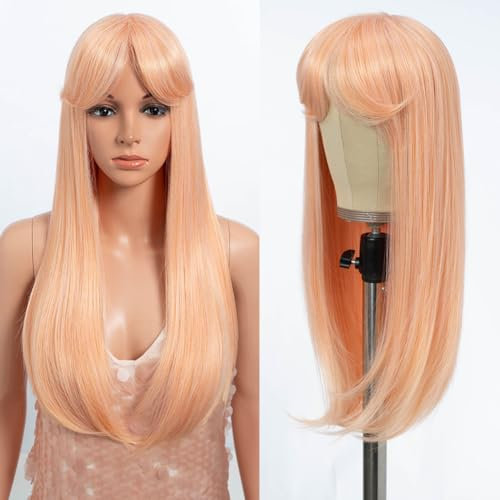 Style Icon Peluca rosa con flequillo peluca sintética larga recta con cortina y flequillo para mujeres para uso diario en fiestas de 23 pulgadas (TFC22)