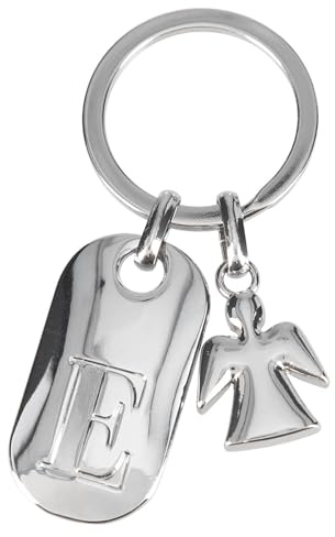 Depesche 11800-006 Silberner Schlüsselanhänger mit Buchstabe E und Schutzengel, Zinklegierung, inkl. farbigem Samtbeutel
