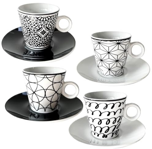 Maury's Set 4 Tazze 200cc in Porcellana a Fantasia con Piattino - Tazza da Caffè, Cappuccino, Tè, Latte, Colazione, Merenda -Collezione Bianco e Nero si Lavastoviglie e Microonde Made in Italy