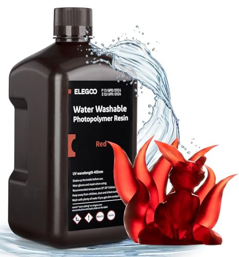 ELEGOO Wasser Waschbares 3D Drucker Resin, Water Washable UV Resin 405nm Photopolymer Harz für MSLA/DLP/LCD 3D Drucker Klarrot 2000g