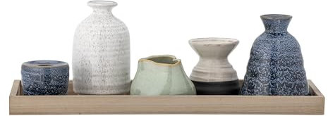 Bloomingville Longo Collection Tablett-Set aus Steingut mit Votivkerze, mit 3 Vasen und 2 Kerzenhaltern, perfekt f�r Heimdekoration, Gr��e L 42 x H 17 x B 16 cm, naturinspirierte Glasur, 6 St�ck