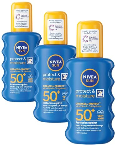 NIVEA SUN Protect & Moisture Sun Spray SPF 50+ (200ml), Moisturising Suncream Spray with SPF 50+, Advanced Sunscreen Providing Immediate, Effective UVA + UVB Protection (Pack of 3)