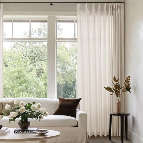 Extra Wide Sheer Linen Curtain 90 Inches Long 72 Inch Wide Pinch Pleated Drapes for Patio Sliding Glass Door with Hooks Rings Beige Tan Boho Sheer Privacy Curtain for Living Dining Room 72x90