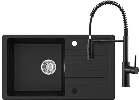 CECIPA Evier Cuisine 1 Bac avec Egouttoir 78 x 45 cm, Evier Noir en Granit avec Robinet Cuisine Douchette, Lavabo Cuisine 1 bac, Évier Cuisine avec Siphon Classique et Trop-plein