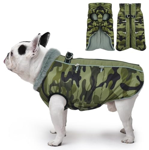 Katzinst Wintermantel Hund Gross, Wasserbeständig Reflektierend Hundemantel mit Geschirr und Rutschfester Reißverschluss, Warm Gefüttert und Kuschelig, Border Collie, Dalmatiner, Armee-Grün, XL