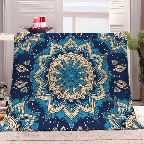 Weiche Kuscheldecke, Flauschige Flanell Warmes Wohndecke 150x200cm, Mandala-Blaues Muster Sofadecke Waschbar Tagesdecke, Indischer Ethnischer Stil Flauschdecke Für Kinder Jungen Erwachsene