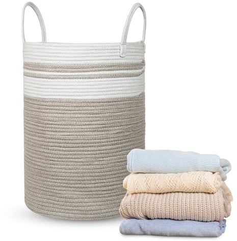 ASAB Blanket Basket Large Size Hand-Woven Rope Basket 58L High-Capacity Storage Baskets with Durable Soft Handles Woven Basket for Living Room Toy Basket Storage Organiser (Beige & Cream)