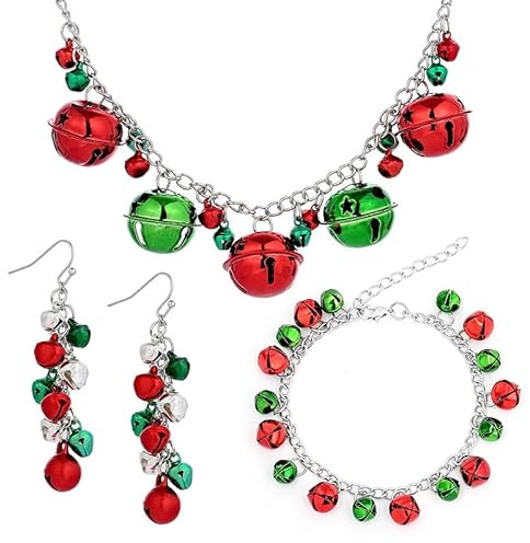 fdsmall Weihnachtsschmuck-Set für Frauen, Weihnachtskette Ohrringe Armband für Weihnachtsfeier Weihnachten Jingle Bell Halsketten Ohrringe Bogen Anhänger Halskette für Frauen