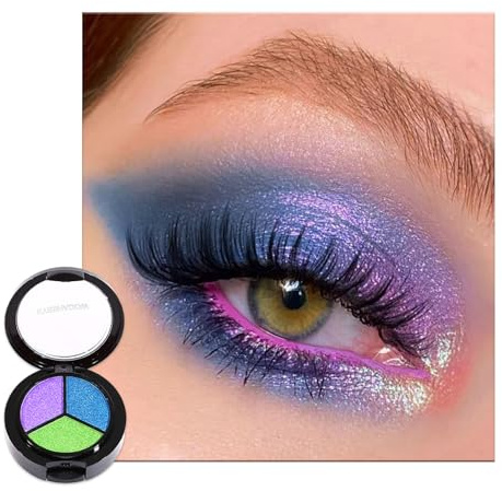 Palette di ombretti 3 in 1, in polvere pressata blu, verde, viola, metallizzati, luccicanti, altamente pigmentati, a lunga durata, impermeabili, con specchio e applicatore, trucco occhi