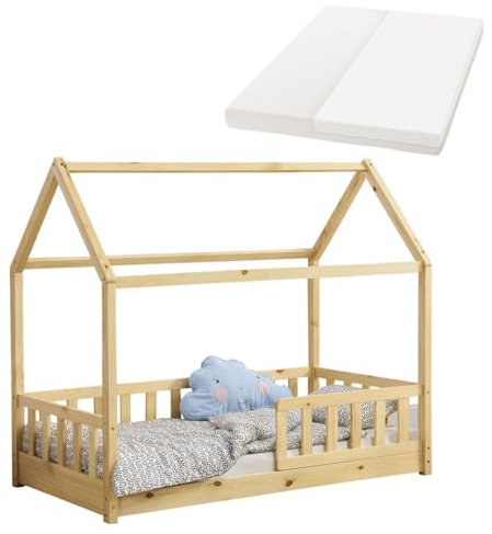 Juskys Kinderbett Marli 80 x 160 cm mit Matratze, Rausfallschutz, Lattenrost & Dach - Massivholz Hausbett für Kinder - Bett in Natur