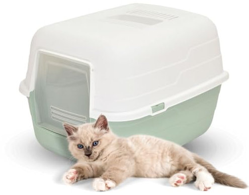 Paluplus Box Lettiera per Gatti Chiusa, Misura 48x38x32 cm, con coperchio apribile e porta basculante, Toilette gatti con filtro assorbi odori ai carboni attivi -314F (Verde)