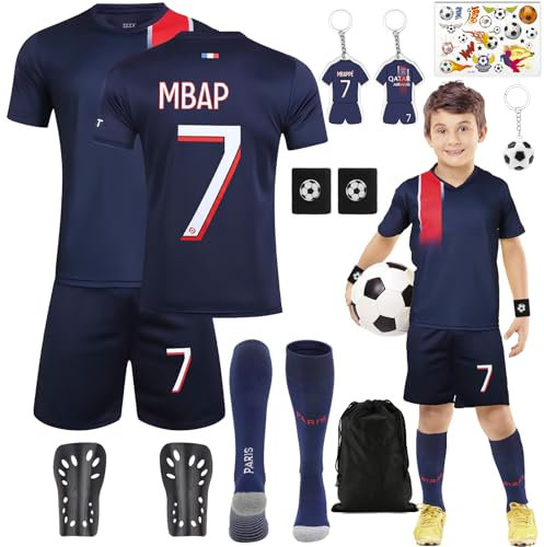 Ainvliya Fußball Trikot Set für Kinder, Nr.7/Nr.10, Jungen Fussball Trainingsanzug T-Shirt Shorts Socken Set mit Schienbeinschoner Schlüsselanhänger Temporäre Tattoos Football Jersey Outdoor