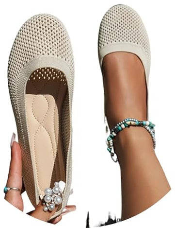 Schuhe Damen Ballerinas Slip On Schuhe rutschfest Flach Stricken Sneaker Bequem Sommer Elegant Runde Zehe Sportlich Flat Schuhe Tanzschuhe Frauen Weiß 40