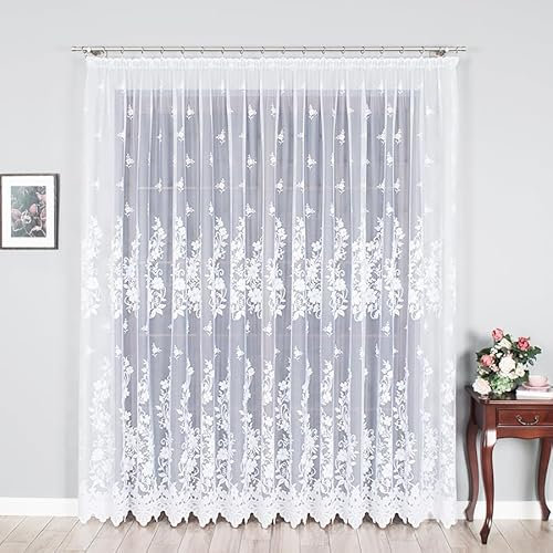 Gardinen Vorhangen Weiß Jacquard 300x180 cm (BxH) Danuta mit Kräuselband Wohnzimmer Küche Schlafzimmer Schiebevorhänge Blumen Muster Eleganten Design