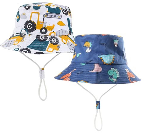 FOUNSHO 2 Stück Kinder Sonnenhut, UV-Schutz Fischerhut Sommerhut, Baby Kleinkind Sonnenmütze Baumwollhut Hut für Jungen Mädchen 2-4 Jahren (DE/NL/SE/PL, Alphanumerisch, S, M, Dinosaurier+Auto)