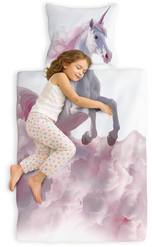 Carpe Sonno Kinder Bettwäsche 135x200 Kinder mit Kissenbezug [100% Renforce Baumwolle] Einhorn Motiv | Oeko-Tex 100 & Made in Green | Kinderbettwäsche Mädchen | Einhorn Bettwäsche 135x200 Mädchen