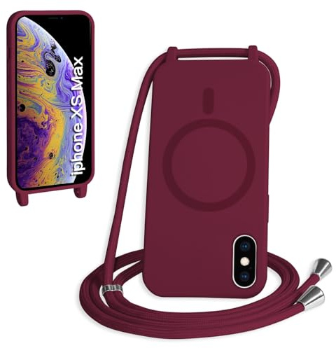 FMPCUON Magnétique Coque avec Cordon pour iPhone XS Max, [Compatible avec MagSafe] Etui Collier Réglable Téléphone Étui Portable Lanyard Case Protection Complète Cover,Rouge