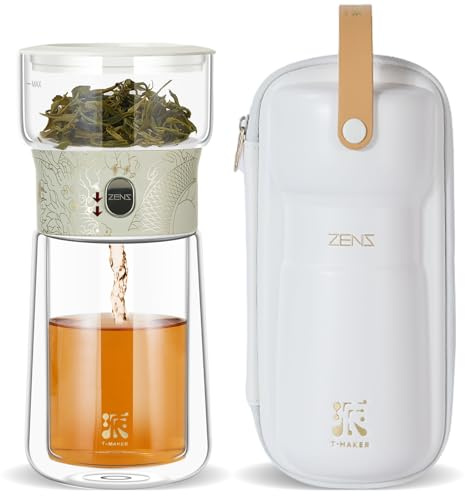 ZENS theiere avec infuseur, magique à une seule touche théière en verre pour Thé en Feuilles vrac sans dégâts, Cool Machine à Thé avec Tasse isotherme et sac de portable, à offrir en cadeau