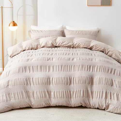 Qucover Bettwäsche 220x240 3teilig Bettbezug Khaki Gestreift Mikrofaser | Bettwäsche Sets Mikrofaser 1 Bettbezüge 220x240cm + 2 Kissenbezüge 80X80 cm, Bügelfrei Kuschel Bettwäsche mit Reißverschluss