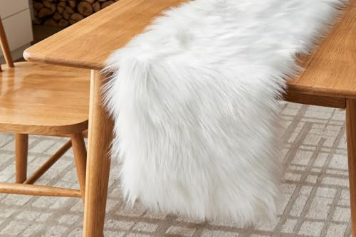 DAOXU Kunstfell Moderner Tischläufer, Weiß, 30x180CM, für Weihnachten, Hochzeit, Home Esstisch, Schminktisch, Couchtisch, abwaschbar, aus Kunstfell Felloptik