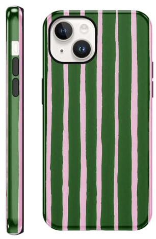 Yirlbey Gestreift Sommer Handyhülle für iPhone 14 / iPhone 13 Hülle 6,1, Aesthetic Summer Pink Grün Stripes Striped Motiv Design für Mädchen Schutzhülle Zweischichtige Stoßfest Weiche Silikon Case