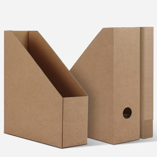 HORLIMER 12 Stück Braun Stehsammler A4, Zeitschriftensammler aus stabilem Karton – Zeitschriftenhalter-Organizer mit Etiketten für Bücher, Dokumente – 25,4x8,5x30,5 cm