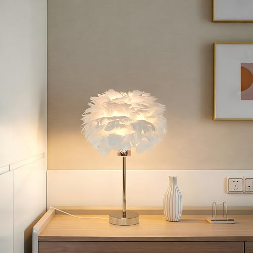 BTLINK Federlampe mit Kunstfedern, 35cm Weiße Feder Tischlampe | 10W Glühbirne & E27 Fassung, Nachttischlampe für Schlafzimmer, Wohnzimmer & Dekoration
