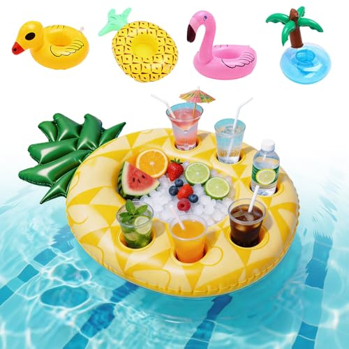 Afenau Getränkehalter Pool Aufblasbar, Ananas Pool Getränkehalter Aufblasbar mit 4 Kleiner Untersetzer, Poolbar Aufblasbar mit 7 Löcher, Schwimmender Getränkehalter für Pool für Party, Strand