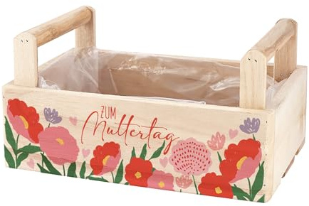 Herz & Heim® Geschenkkorb zum Muttertag – Mama Geschenk mit Blumen Motiv – Pflanzkorb aus Holz mit Folie – Geschenkverpackung für Muttertagsgeschenk – 3 Varianten (2 Griffe)