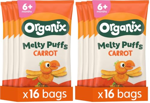 Organix Melty Carrot Puffs, Organic Baby Snack 4 x (4 x 18 g Bags) (2 Pack) | Healthy Organic Snack, Suitable for 6+ Months, Vegetarian & Vegan Friendly, No Junk, Gluten Free