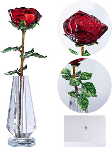 H&D rote Kristall rose Blumen Figur mit grünem Blatt Glasverzierungsgeschenk für Dame