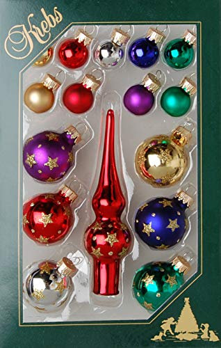 Krebs Glas Lauscha – Mini Deko Set 16 teilig – Glasschmuck Kugeln + Spitze – Weihnachten Baumschmuck Weihnachtsbaumschmuck Christbaumschmuck – Multicolor