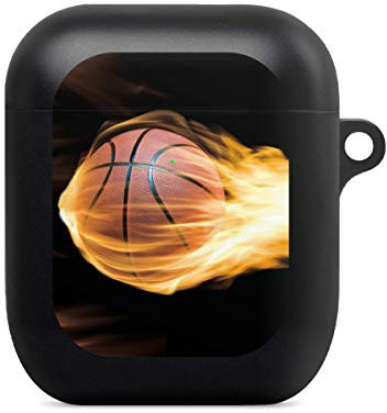 Hülle mit Karabiner kompatibel mit Apple AirPods (1. Generation) Case schwarz Schutzhülle mit Schlüsselanhänger Basketball Feuer Sport
