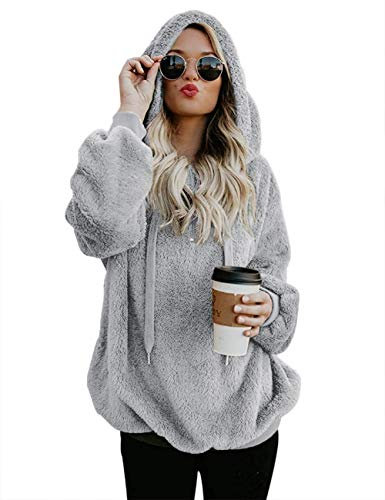 iWoo Winterjacke Damen Einfarbig Lose Langarm Teddy-Mantel Flauschiger Reißverschluss Frauen Pullover (Hellgrau,L)