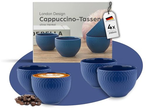 MELOX - 4er Set Cappuccino-Tassen Porzellan Blau - 4 x 200ml Tassen für Kaffee, Cappuccino & Macchiato - Kaffee-Becher dickwandig ohne Henkel - Kaffeetassen Coffee Cups im modernen Design
