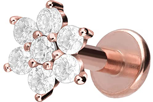 PIERCINGLINE Titan Labret mit Gewinde KRISTALLBLUME Piercing Lippe Nase Ohr Helix Roségoldfarben 1,2 x 8 mm